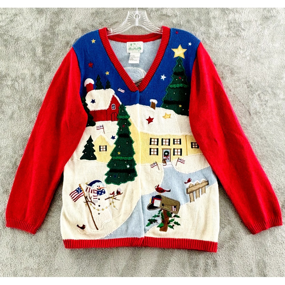 Quacker Factory Patriotic Christmas Cardigan Womens S USA Flag Beads Embroidery